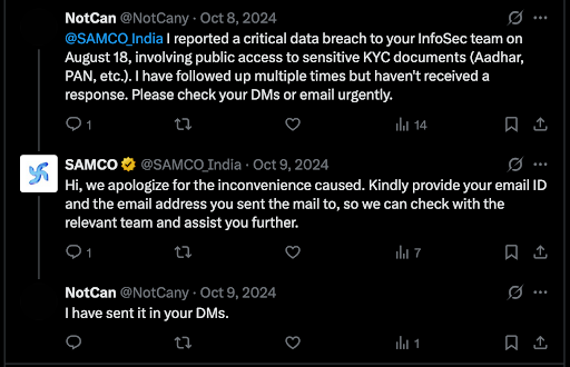 Tweet sent to Samco